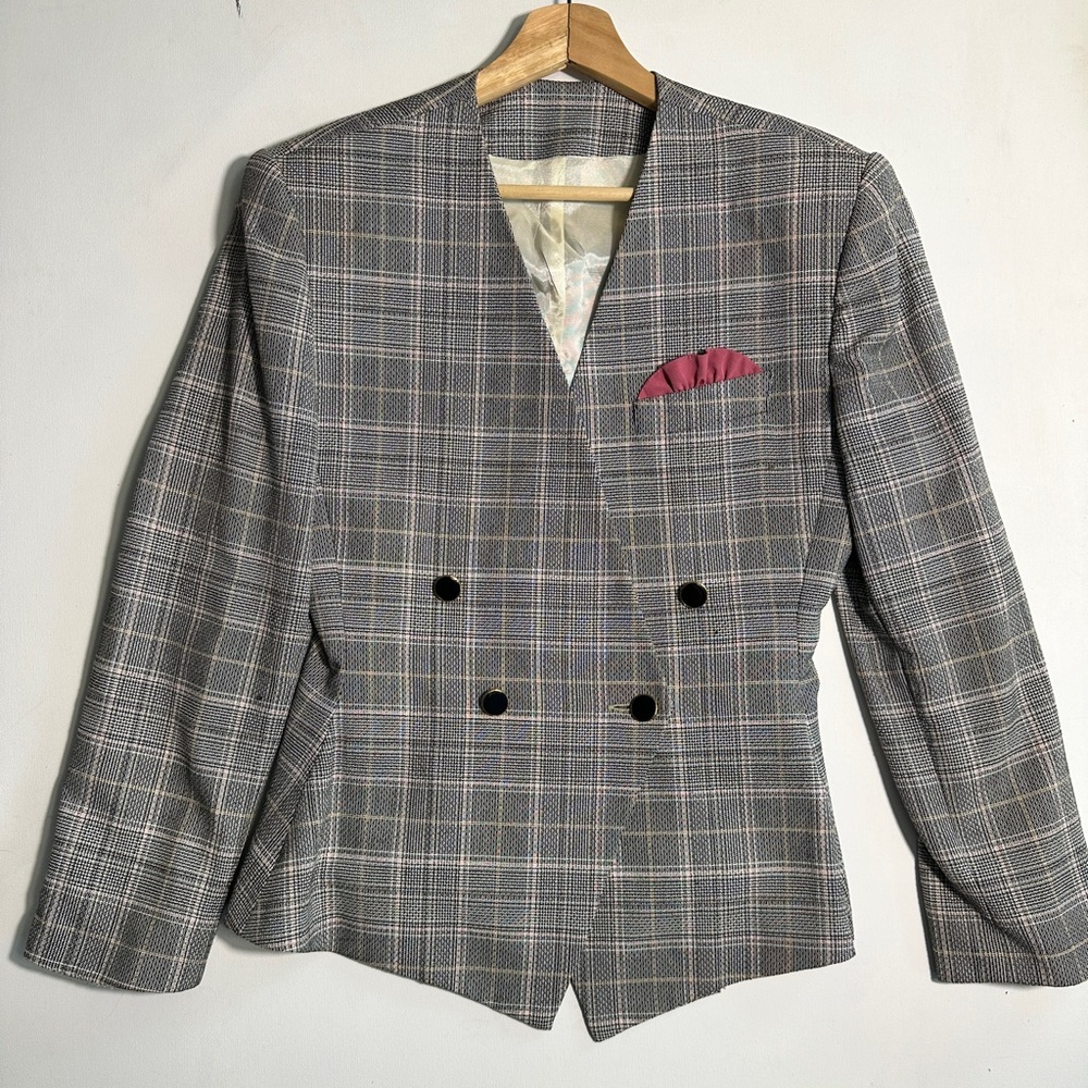 Vintage Tailored modern Adolfo Gray Checkered Double-Breasted Blazer